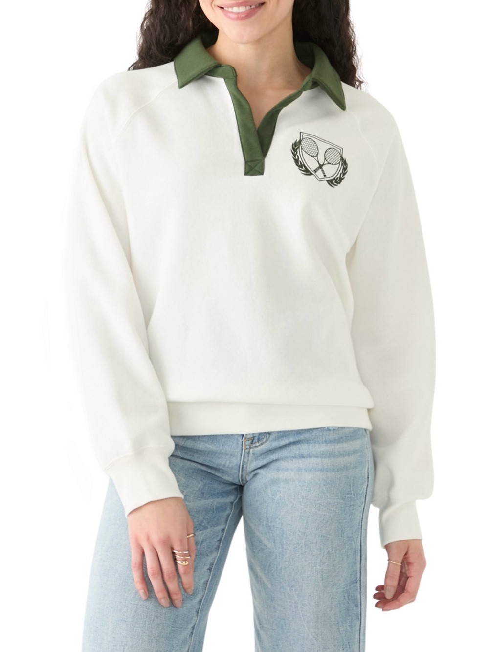 Women's White Polo-Style Pullover with Olive Green Collar